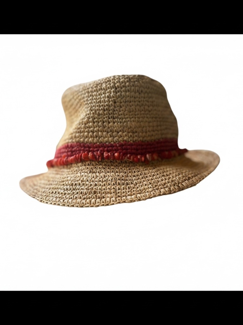 Woven Straw Fedora Hat in Tan with Red Trim - Picture 4 of 9